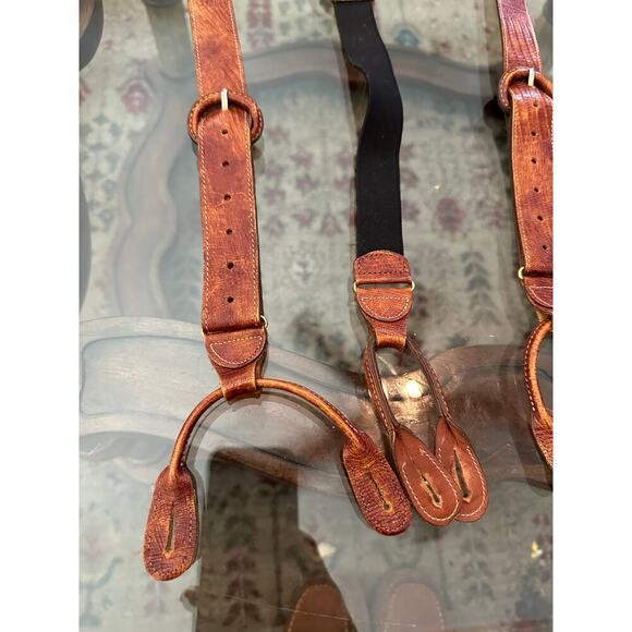 Trafalgar Men's Brown Alligator Leather Brass Button Hole Suspenders - Picture 3 of 4